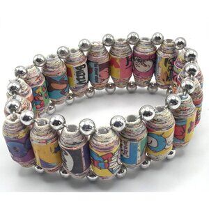 Vintage Comic-Themed Beaded Stretch Bracelet w/Recycled Paper, Silver accents